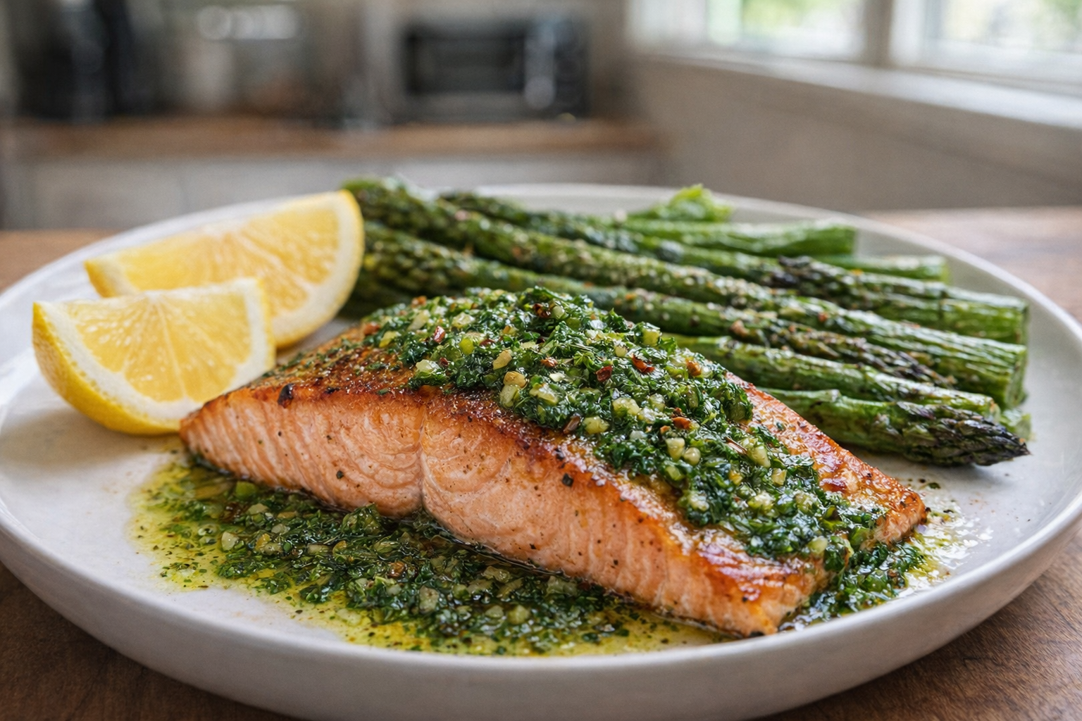 A beautifully plated salmon fillet with a vibrant green chimichurri sauce drizzled over it, alongside roasted asparagus and lemon wedges, shot in natural light